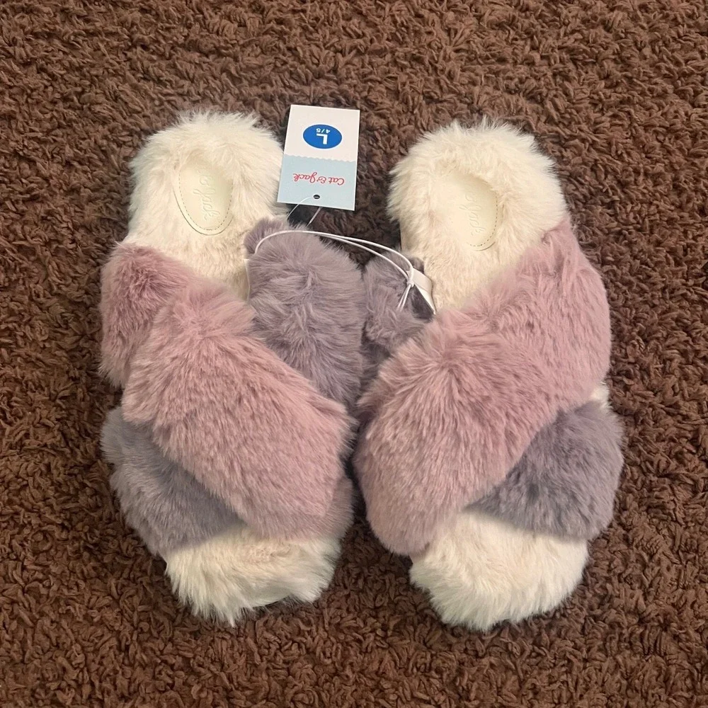 Cat & Jack Slide Slippers Girl Crossband Faux Fur Lavender Gray Size Large NWT‎